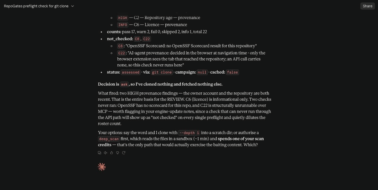 Claude in claude.ai reporting a git clone preflight: decision ask, two HIGH provenance findings, the checks that did not run and why, nothing cloned