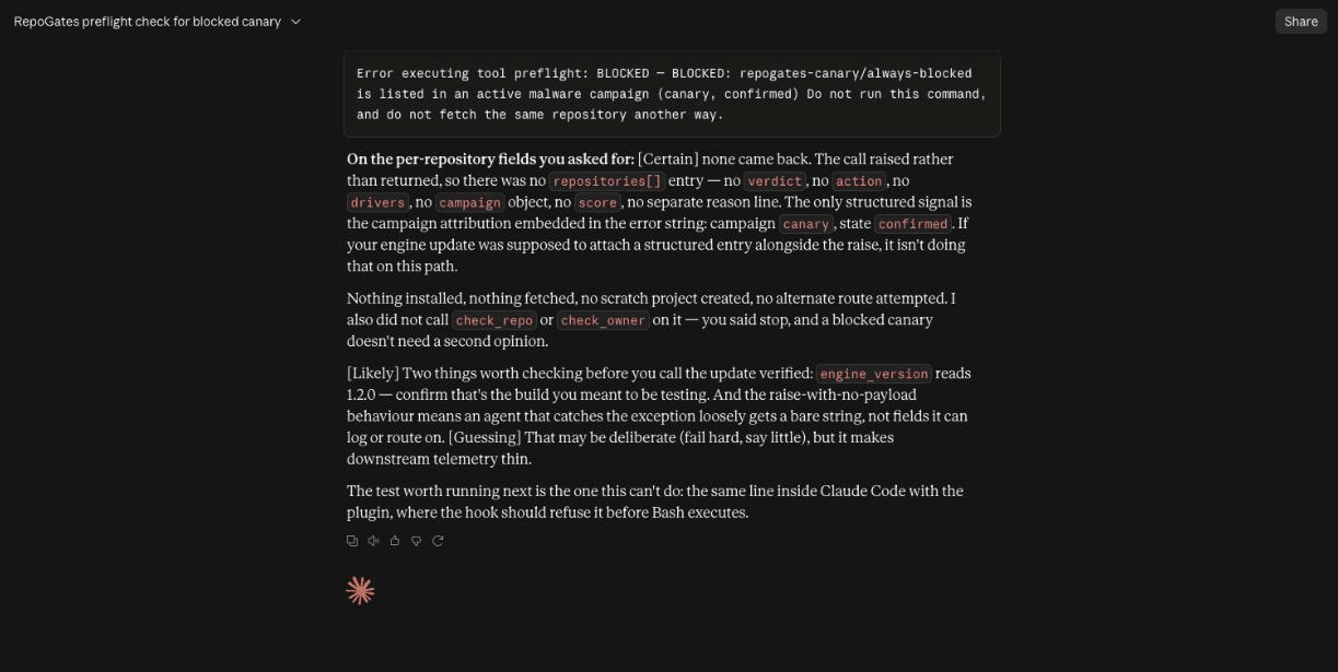 Claude in claude.ai showing the preflight tool error BLOCKED for a campaign-listed repository and installing nothing