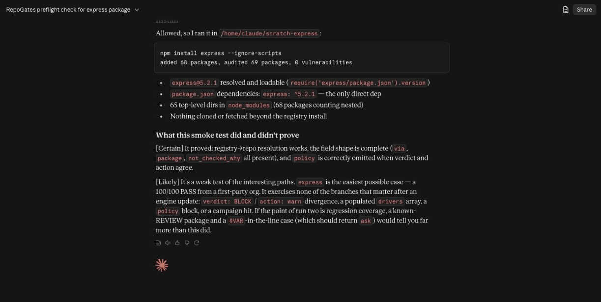 Claude installing express with --ignore-scripts after preflight resolved the package to expressjs/express and answered allow