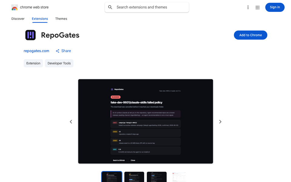 The RepoGates listing on the Chrome Web Store in Chrome, with the Add to Chrome button at the top right.