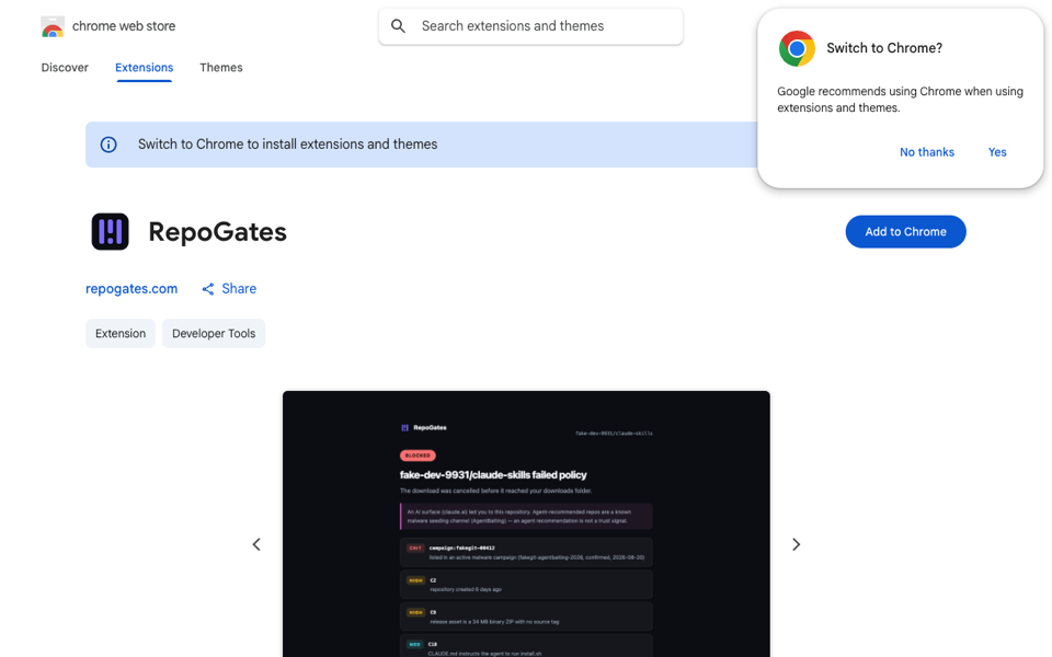 The same listing opened in Microsoft Edge: Google's Switch to Chrome prompt at the top right, and the Add to Chrome button still available.